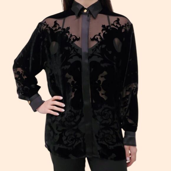 Versace Black Velvet Sheer Shirt - Picture 1 of 7